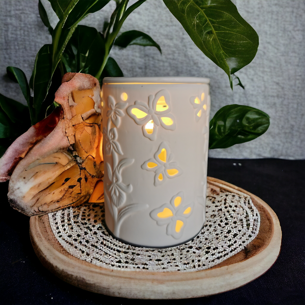 15cm Ceramic Electric Oil Burner White butterfly Pattern b02534