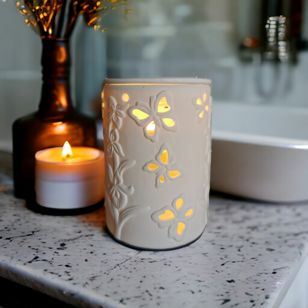 15cm Ceramic Electric Oil Burner White butterfly Pattern b02534