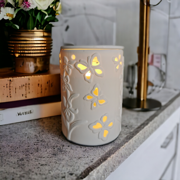 15cm Ceramic Electric Oil Burner White butterfly Pattern b02534