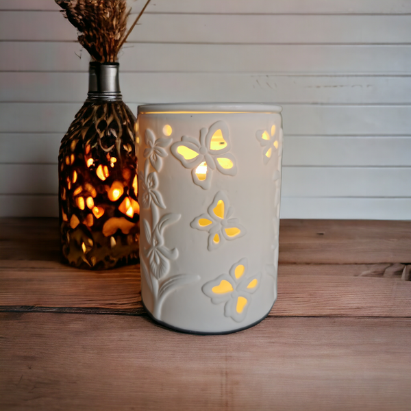 15cm Ceramic Electric Oil Burner White butterfly Pattern b02534