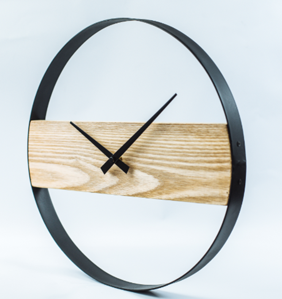 Unique Clock with wooden board in metal frame 40cm