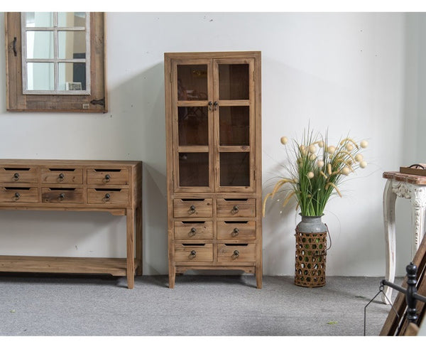 Old Timber Cabinet Storage Shelves 6 Drawers with Two Glass Doors