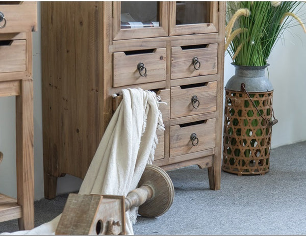 Old Timber Cabinet Storage Shelves 6 Drawers with Two Glass Doors
