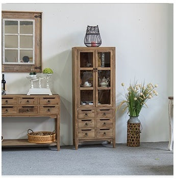 Old Timber Cabinet Storage Shelves 6 Drawers with Two Glass Doors