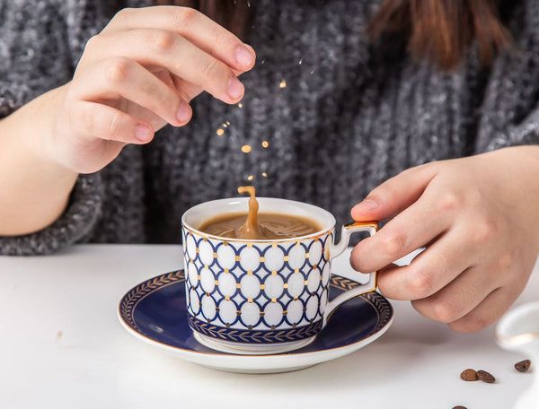 New Design Retro Blue Rings Bone China Tea & Coffee Set