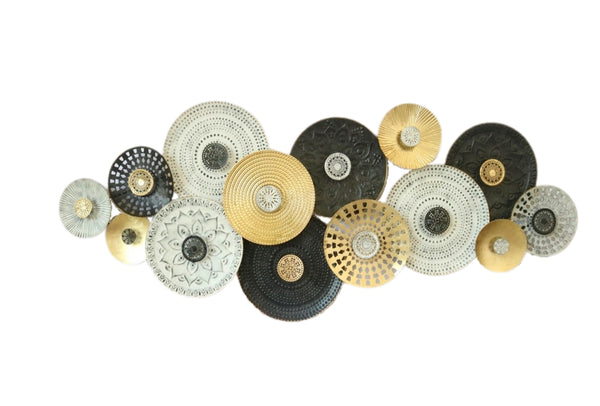 160cm Metal Wall Art LUX Round Plates in GLD/BLK/WHT HW02893