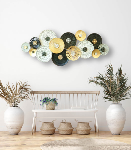 160cm Metal Wall Art LUX Round Plates in GLD/BLK/WHT HW02893
