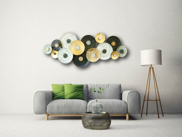 160cm Metal Wall Art LUX Round Plates in GLD/BLK/WHT HW02893