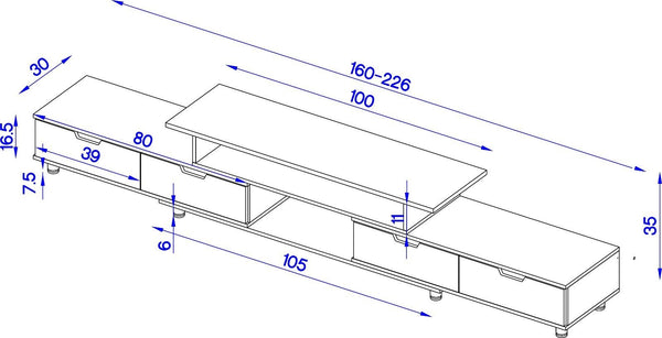 160 - 230cm Adjustable Large TV Stand Entertainment Unit Cabinet Glasse Top Cover (Flat pack in two Boxes)